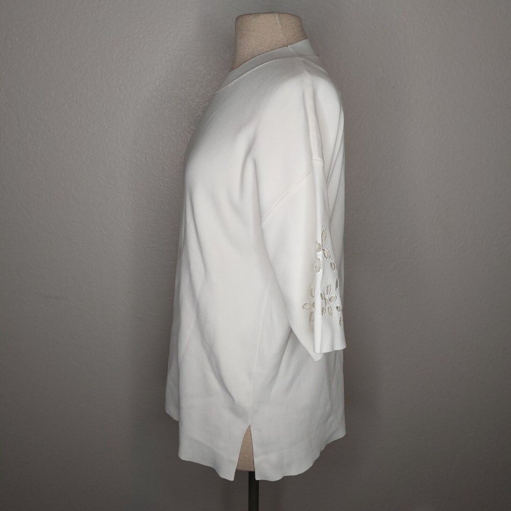 Zara Womens Top Medium Ribbed Short Sleeve Embroidered Flower Sleeves Ivory - Picture 3 of 16